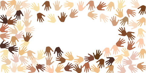 Woman and man hands of various skin tone vector illustration. Teamwork concept.