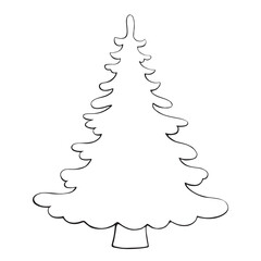 Pine, fir, tree vector contour silhouette in doodle style, isolated. Clipart, symbol merry christmas and happy new year. Template for creativity, greeting card, laser, plotter cutting, application