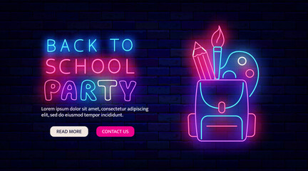 Back to school party neon promotion flyer. Backpack with stationery. Night club greeting card. Vector stock illustration