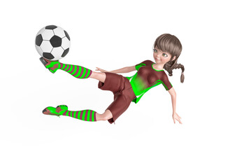 Fototapeta na wymiar soccer girl is doing acrobatics to kick the ball in white background top view