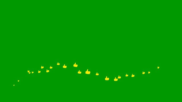 Animated yellow likes fly from left to right. A wave of flying hands. Looped video. Vector illustration isolated on the green background.