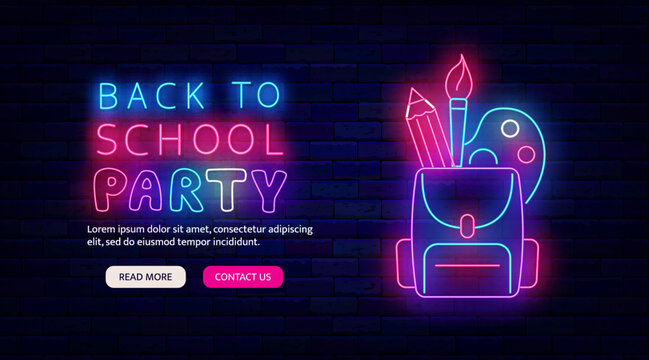 Back to school party neon promotion flyer. Backpack with stationery. Night club greeting card. Vector stock illustration