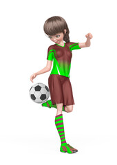 soccer girl is controlling the ball with the heel in white background