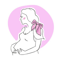 Minimalist illustration of pregnant woman waiting a girl, mother silhouette. Happy mother is holding her pregnant belly. Happy Women's Day. mother's day. Happy motherhood. Gender reveal
