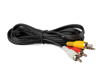 Twisted black cable with RCA connectors for analog signal transmission.