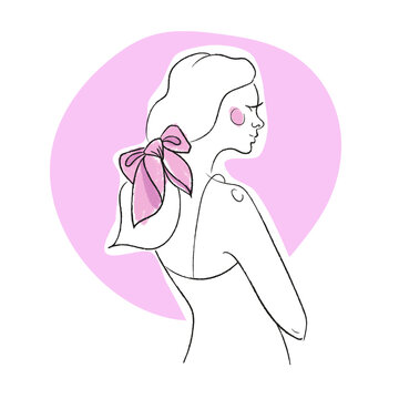Minimalist fashion illustration woman silhouette, cute pink ribbon hair.
