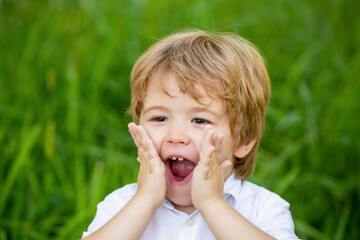 Child expressing surprise with his hands in his face. Smiling amazed or surprised child boy. Shocked and surprised boy. Funny child boy with hands close to face isolated on green background