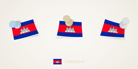Pinned flag of Cambodia in different shapes with twisted corners. Vector pushpins top view.