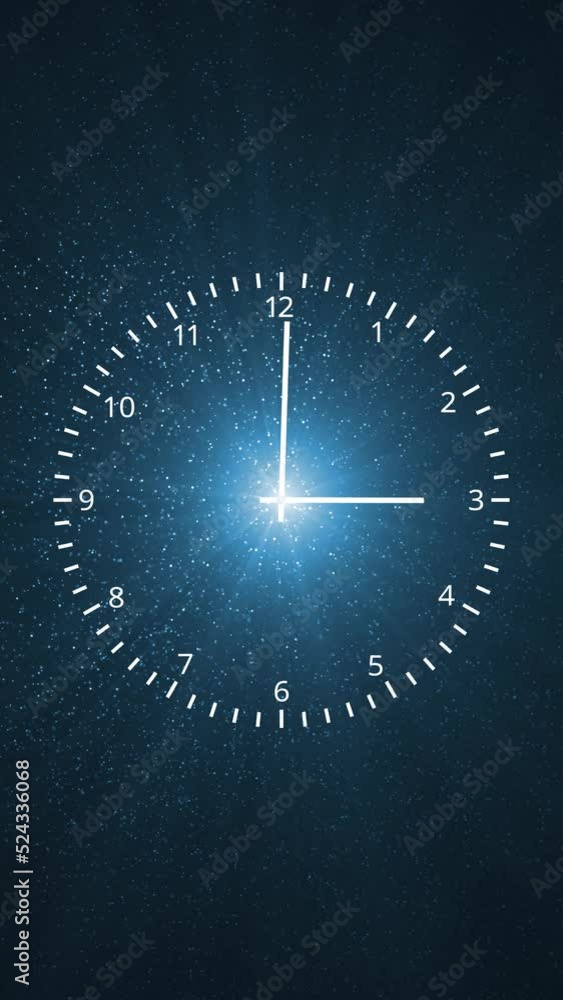 Poster infinity seamless looping time clock on artistic particle motion graphic background. vertical video 