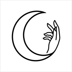 Moon ramadan with hand clip art isolated. Aid Mubarak symbol. Sketch icon. Engraving vector stock illustration. EPS 10