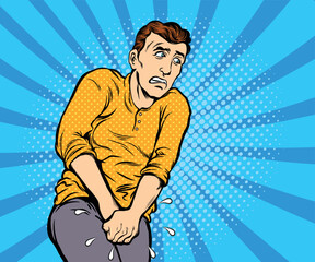 man having pain to urinate. hand drawn style vector design illustration.