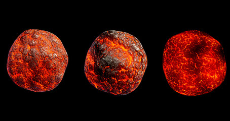 Fantasy alien planets with surface of molten hot liquid lava. 3D render icons for ui space game, set of futuristic cosmic objects isolated on black background. Cosmos exploration, astronomy collection © marozhkastudio