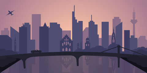 City silhoette vector illustration for landing page. City skyline at sunset. Vector illustration of Frankfurt am Main. - obrazy, fototapety, plakaty