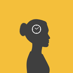 Woman with clock in head. Time management concept.