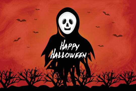 Colorful Happy Halloween Celebration Background Design With A Black Ghost In The Forest