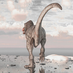 Obraz premium tyrannosaurus rex is walking on ice land rear view