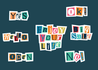 a set of bright vector stickers with popular phrases