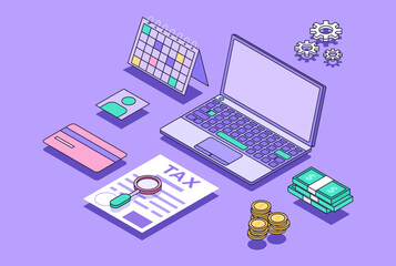 Tax calculation isometric landing page. Financial management. Online money concept. Vector illustration concept