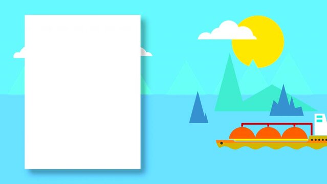 Animation of a seascape from copy space. Ships and sailboats in the sea with islands and clouds in the sunny sky. Looped cartoon with drawn flat elements.