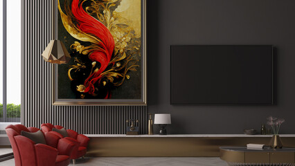 Modern classic living room with red armchairs,art painting and TV on dark wall.3d rendering