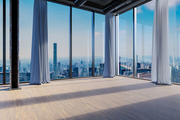 modern empty office with panoramic downtown skyline view and large windows at bright daylight; large curtains - 3D Illustration