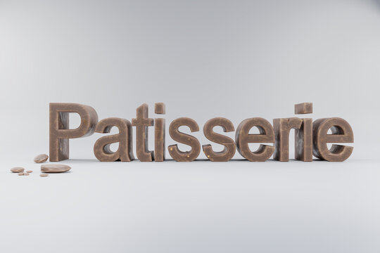closeup of 3d lettering patisserie made of brown whole milk chocolate on clean surface with chocolate crumbs; advertisement concept; 3D Illustration