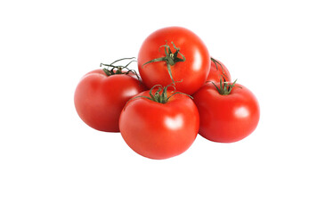 Five ripe tomatoes on white background. Closeup. Day light