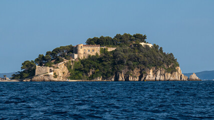 View of the fort of Bregancon taken from a boat, residence of French presidence, in the Var, France - obrazy, fototapety, plakaty