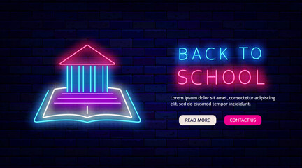 Back to school neon flyer. Website landing page template. Academy on open book. Vector stock illustration