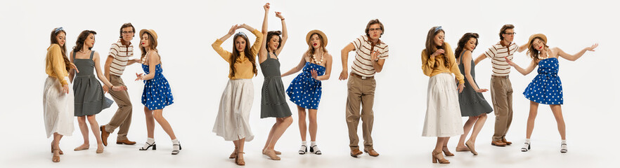 Collage. Group of young cheerful people, man and woman in stylish retro clothes att the party, dancing isolated over white background