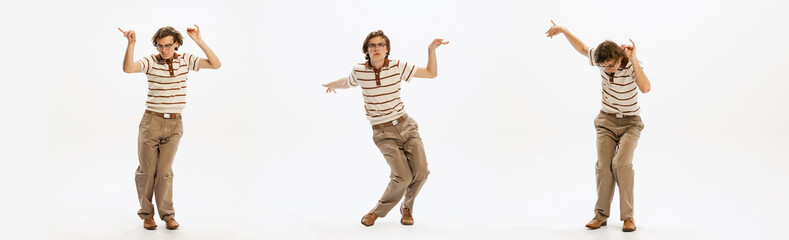 Collage. Young stylish man in retro suit dancing, having fun, posing isolated over white studio...