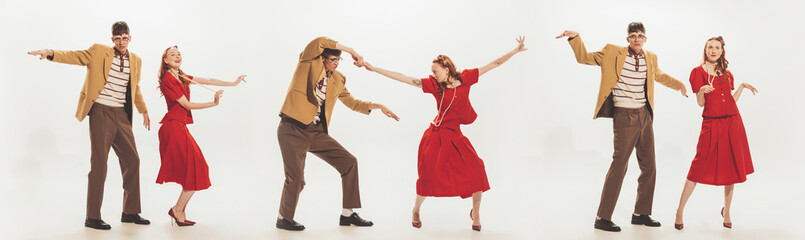 Collage. Young emotive man and woman in retro clothes dancing, having fun isolated over white studio background
