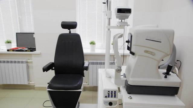 4K. Empty ophthalmologist's office with modern equipment