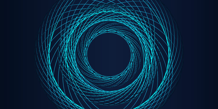 Abstract circles lines, spiral pattern, colorful round frame blue green light isolated on dark blue background. Vector illustration template for concept digital, modern science, AI technology.