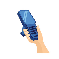 Manual data collection terminal in hand for inventory in a warehouse, inventory control, barcode scanner, qr-codes, isolated Laser scanner of a data collection terminal on a white background