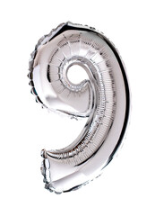 Number nine in silver Mylar balloon isolated on transparent