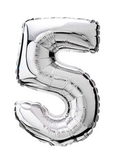 Number five in silver Mylar balloon isolated on transparent
