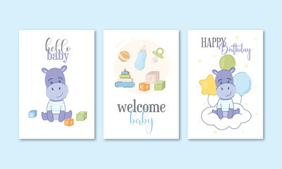 Set of cute card templates. Vector illustration in blue and yellow.