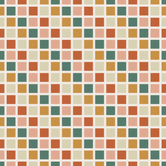 70 s seamless pattern. Retro colorful geometric square seamless background in seventies style. Groovy scrapbook paper. Yellow, orange, brown, green colors vector pattern