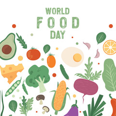 World Food Day celebration poster background design. various kinds of food drink simple icon vector illustration.