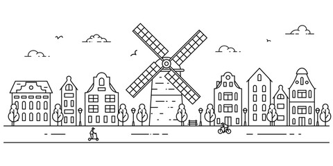 Black and white panorama of european town landscape with windmill and old buildings. Vector illustration in outline flat style - obrazy, fototapety, plakaty
