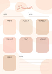 Pink weekly planner with flowers hand drawn, notes, stationery organizer for daily plans.