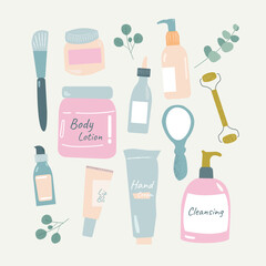 Hand draw vector set of cute cosmetic and skin care
