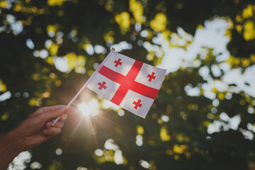 small flag of georgia against the background of sunny green trees in summer