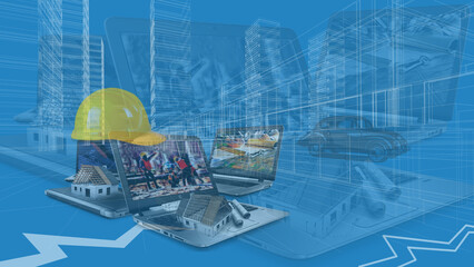 Safe Urban Planning. Urban infrastructure, environment. Construction helmet and blueprint