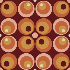 70 s seamless pattern. Retro circle geometric seamless background in seventies style. Groovy scrapbook paper. Yellow, orange, brown, pink colors vector pattern
