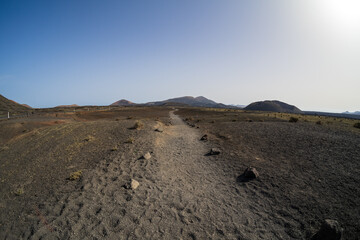 Typical volcanic landscape in the area of Caldera de Los Cuervos. Lanzarote, Canary Islands. Spain.