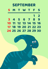 Cute dinosaur calendar vector template for children series. Septemper