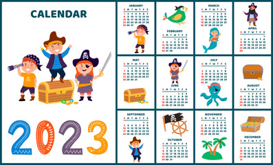 Calendar 2023. Children's colorful calendar with a pirate design. Pirate, treasure island, octopus, mermaid, treasure chest, parrot, Jolly Rodger