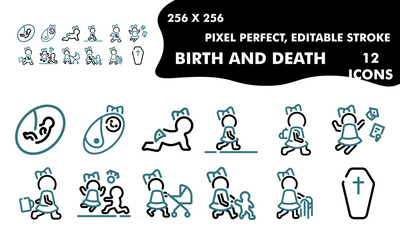 the collection of icons depicts a child, a girl, a woman, a grandmother "birth and death". the collection has icons from birth to death in a unique style. icons 256x256 pixels, 12 pieces.